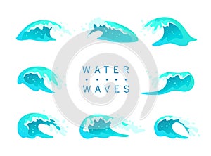 Vector collection of flat blue water waves, splatters, curves icons isolated on white background.