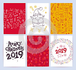 Vector collection of flat Christmas holiday congratulation cards with patterns & text isolated on light background.