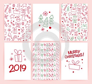 Vector collection of flat Christmas holiday congratulation cards with patterns & text isolated on light background.