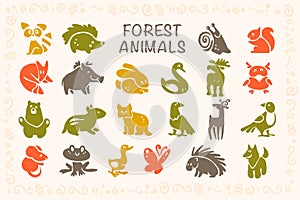 Vector collection of flat cute animal icons isolated on white background.