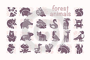 Vector collection of flat cute animal icons isolated on white background.