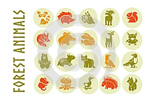 Vector collection of flat cute animal icons isolated on white background.