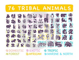 Vector collection of flat cute tribal animal icons with hand drawn ornament isolated on white background.