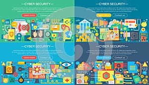 Vector collection of flat cyber security design concepts set. Cloud data service, computer protection and hacker attack