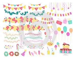 Vector collection of flat decor elements for kids birthday party - balloons, garlands, gift box, candy, pinata, bd cake etc.