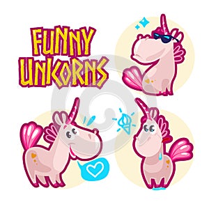 Vector collection of flat funny unicorns portrait isolated on white background.