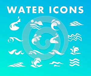 Vector collection of flat water wave icons isolated on blue background.