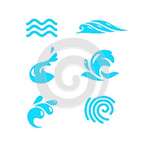 Vector collection of flat water wave icons isolated on white background.