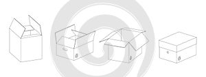 Vector collection of four white carton paper boxes outlines on white background