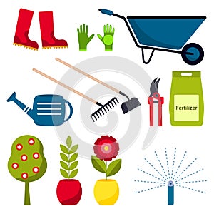 Vector collection of garden tools and plants. Rake, wheelbarrow, watering can, pruner, fertilizer package, boots, gloves