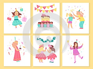 Vector collection of girls birthday party cards with bd cake, garlands, decor elements and happy kids characters.