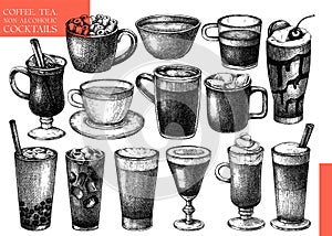 Vector collection of glass ware with hot drinks. Hand-sketched tea, mulled wine, coffee, hot chocolate glasses, mugs, cups.