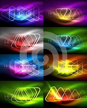 Vector collection of glowing neon shapes in dark abstract backgrounds