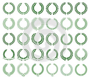 Vector collection of green laurel wreaths on white background