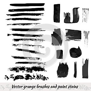 Vector collection with grunge brush strokes and paint stains. Black ink elements set.