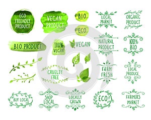 Vector Collection of Han Drawn Design Elements, Eco Natural Product, Farmers Market, Green Watercolor Drawings Isolated.