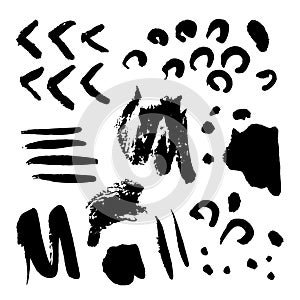 Vector collection of hand-drawn elements: drops, lines, splashes, points, brush strokes. Isolated on white background.