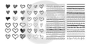 Vector Collection of Hand Drawn Hearts and Cute Divider Lines, Black Drawings Isolated on White Background.