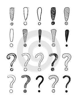 Vector collection on hand drawn question and exclamation marks isolated on white background, black doodles set, scribble