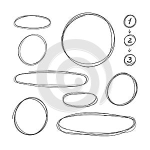 Vector Collection of Hand Drawn Scribble Circle Frames, Steps with Arrows Scheme, Design Element Set, Pen Freehand Drawings.