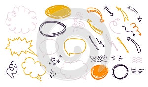 Vector collection of hand drawn textured sketch doodle elements - text balloons, speech bubbles, text box, arrow, cloud, smoke, st