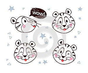Vector collection of happy little tiger character outline portraits, smile, with speech bubble and wink isolated. photo