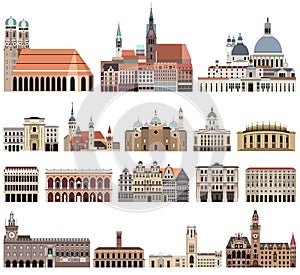 Vector collection of high detailed isolated city halls, landmarks, cathedrals, temples, churches, palaces