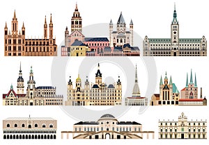 Vector collection of high detailed isolated city halls, landmarks, cathedrals, temples, churches, palaces and other city`s skylin