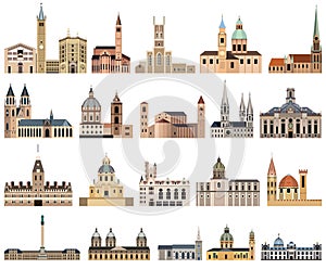 Vector collection of high detailed isolated city halls, landmarks, cathedrals, temples, churches, palaces and other city`s skyline