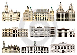 Vector collection high detailed isolated city halls, landmarks, cathedrals, temples, churches, palaces and other skyline elements
