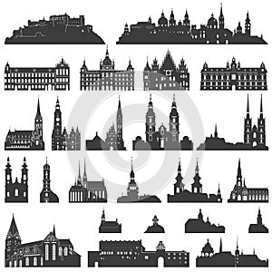 Vector collection of isolated palaces, temples, churches, cathedrals, castles, city halls, edifices, ancient buildings and other