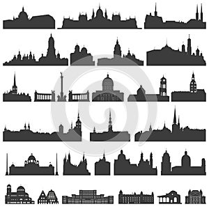 Vector collection of isolated palaces, temples, churches, cathedrals, castles, city halls, edifices, ancient buildings and other