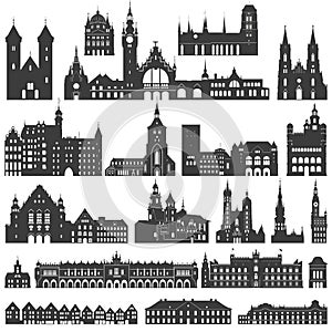 Vector collection of isolated palaces, temples, churches, cathedrals, castles, city halls, edifices, ancient buildings and other