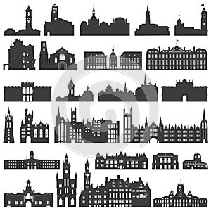 Vector collection of isolated palaces, temples, churches, cathedrals, castles, city halls, edifices, ancient buildings and other