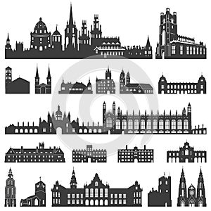 Vector collection of isolated palaces, temples, churches, cathedrals, castles, city halls, edifices, ancient buildings and other