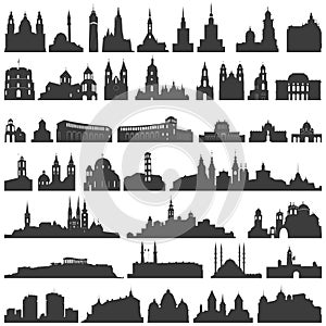 Vector collection of isolated palaces, temples, churches, cathedrals, castles, city halls, edifices, ancient buildings and other