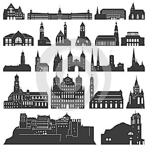 Vector collection of isolated palaces, temples, churches, cathedrals, castles, city halls, edifices, ancient buildings and other