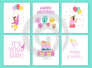 Vector collection of kids birthday party cards with bd cake, garlands, decor elements and happy kids characters.