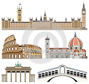 Vector collection of landmarks icons: Palace of Westminster, Colisseum, Florence Cathedral, Brandenburg Gate and Rialto Bridge