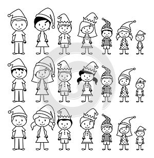 Vector Collection of Line Art Christmas or Holiday Themed Stick Figures