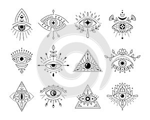 Vector collection line art mystic eyes tattoo. Set of providence sight witchcraft symbol. Evil eye amulet. Esoteric sign