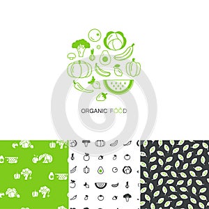 Vector collection of logo design template and seamless patterns - fresh healthy fruits and vegetables made in linear style.