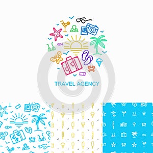 Vector collection of logo design template and seamless patterns - simple symbols of summer vacation made in linear style.