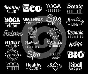 Vector collection of logo and labels, badges for healthy life with decorative elements.