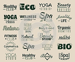 Vector collection of logo and labels, badges for healthy life with decorative elements.