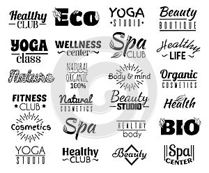 Vector collection of logo and labels, badges for healthy life with decorative elements.