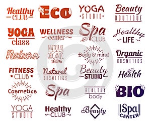 Vector collection of logo and labels, badges for healthy life with decorative elements.