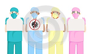 Vector collection of medical staff, doctor and nurses in face mask holding white posters with place for text.