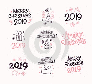 Vector collection of Merry Christmas congratulation compositions with text and outline traditional decor icons