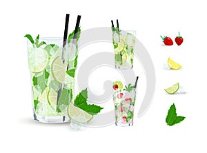 Vector collection of Mojito cocktails with ingredients isolated